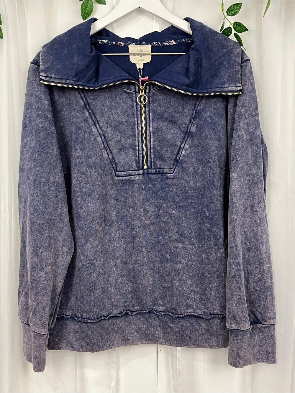 Umgee Mineral Wash Sweatshirt L Blue 1/4 Zip Turtleneck French Terry Interior
